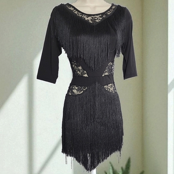 🔥Black Fringe Tiered Asymmetrical Cocktail Dress/Latin Dress Approx Size 8 - Picture 1 of 11